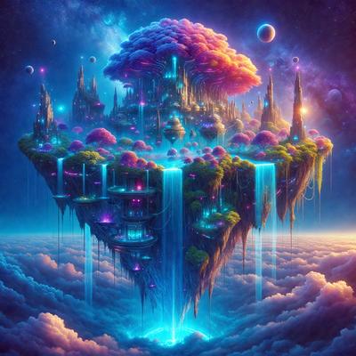 The primary subject of the image is a colorful, fantastical, and whimsical landscape featuring a giant tree with purple and pink leaves, a castle, and a waterfall. The setting is a cloudy sky, and the visual style is digital art. The dominant colors in the image are purple, pink, and blue, creating a vibrant and lively atmosphere.